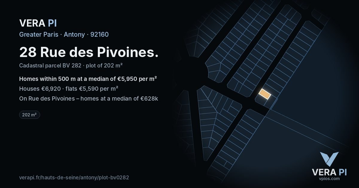 28 Rue des Pivoines, Antony at night – the plot lit, the parcels around coloured by the prices near them