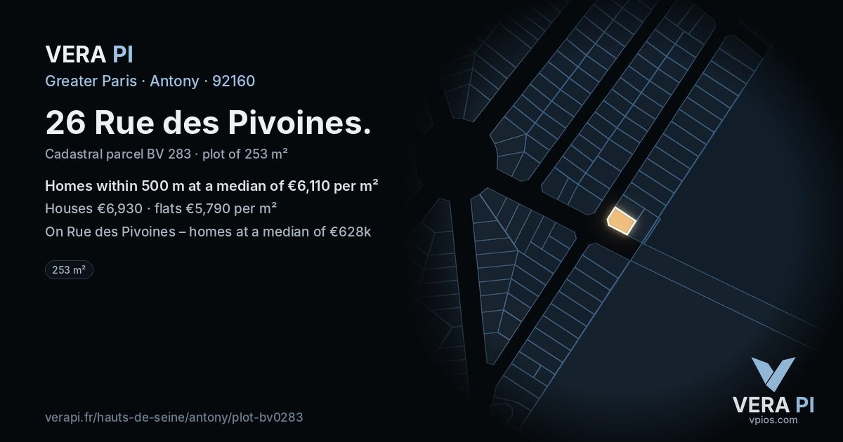 26 Rue des Pivoines, Antony at night – the plot lit, the parcels around coloured by the prices near them