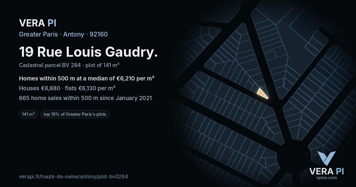 19 Rue Louis Gaudry, Antony at night – the plot lit, the parcels around coloured by the prices near them