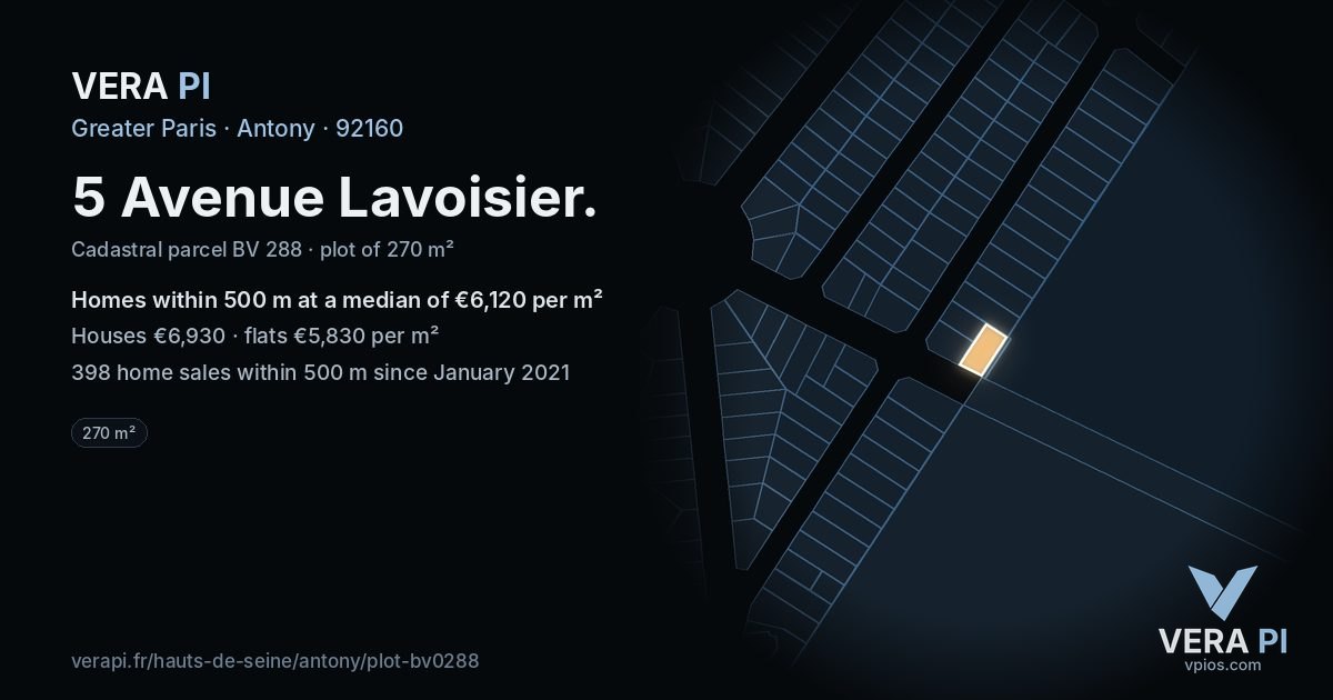 5 Avenue Lavoisier, Antony at night – the plot lit, the parcels around coloured by the prices near them