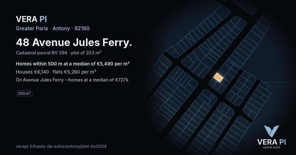 48 Avenue Jules Ferry, Antony at night – the plot lit, the parcels around coloured by the prices near them