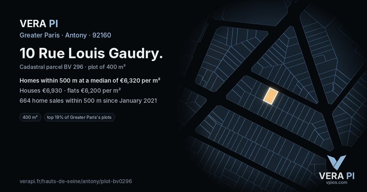 10 Rue Louis Gaudry, Antony at night – the plot lit, the parcels around coloured by the prices near them