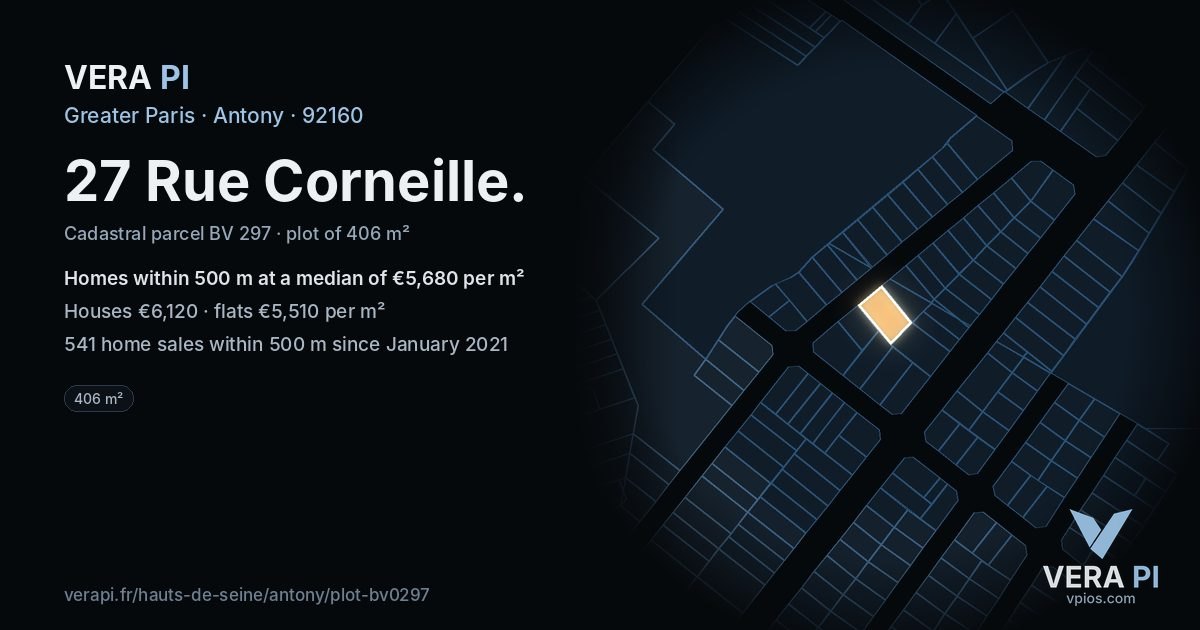 27 Rue Corneille, Antony at night – the plot lit, the parcels around coloured by the prices near them