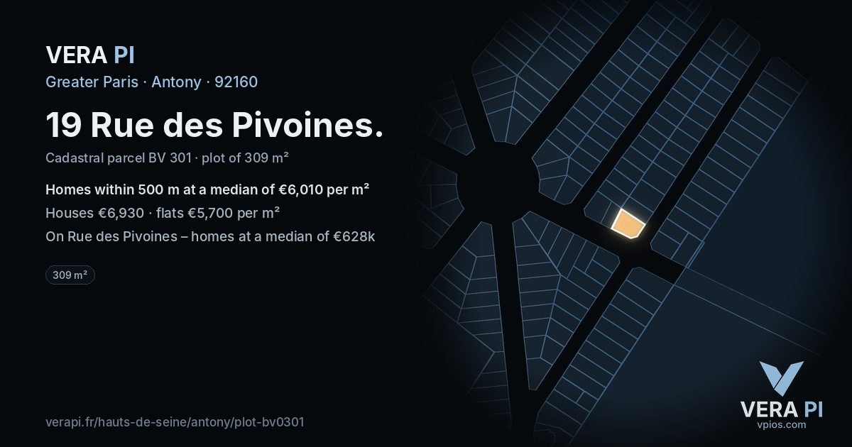 19 Rue des Pivoines, Antony at night – the plot lit, the parcels around coloured by the prices near them