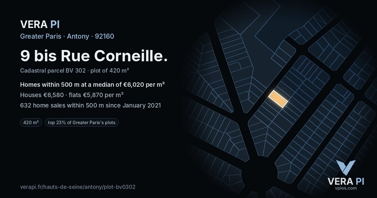 9 bis Rue Corneille, Antony at night – the plot lit, the parcels around coloured by the prices near them