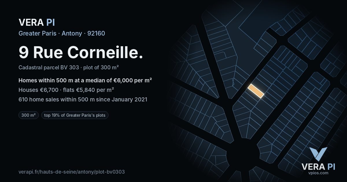 9 Rue Corneille, Antony at night – the plot lit, the parcels around coloured by the prices near them