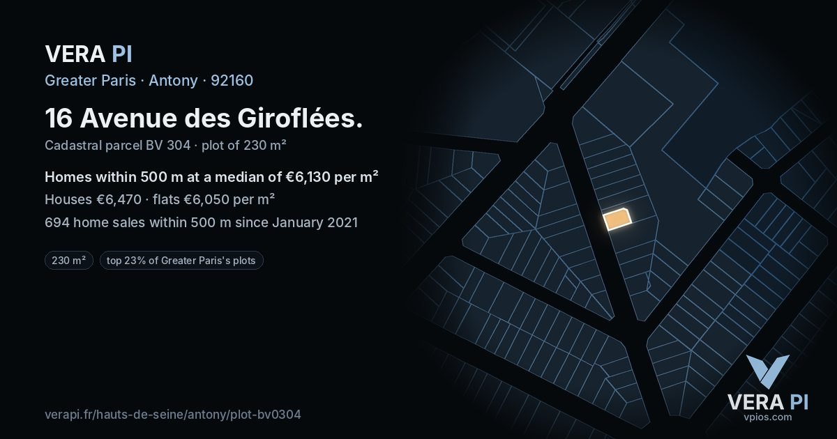 16 Avenue des Giroflées, Antony at night – the plot lit, the parcels around coloured by the prices near them