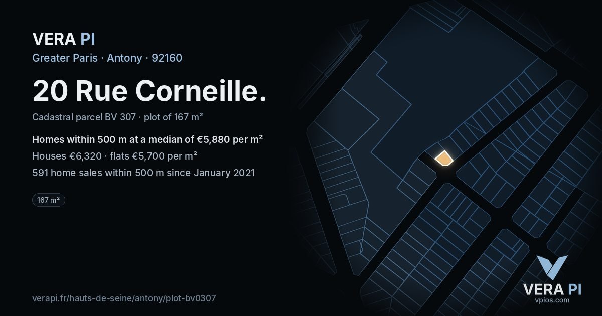 20 Rue Corneille, Antony at night – the plot lit, the parcels around coloured by the prices near them