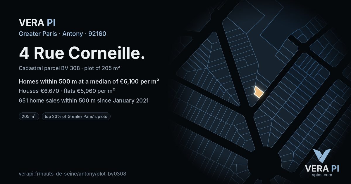 4 Rue Corneille, Antony at night – the plot lit, the parcels around coloured by the prices near them
