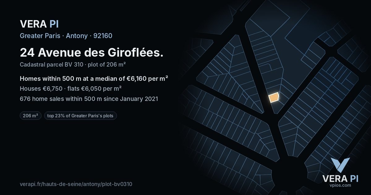 24 Avenue des Giroflées, Antony at night – the plot lit, the parcels around coloured by the prices near them