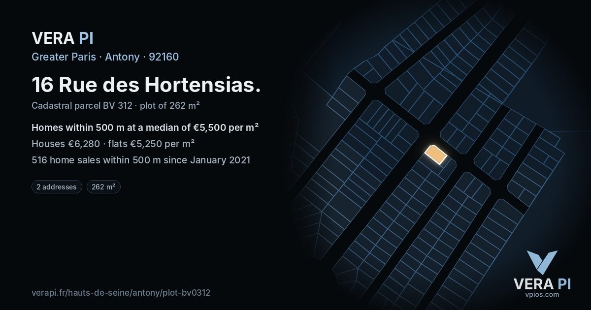 16 Rue des Hortensias, Antony at night – the plot lit, the parcels around coloured by the prices near them