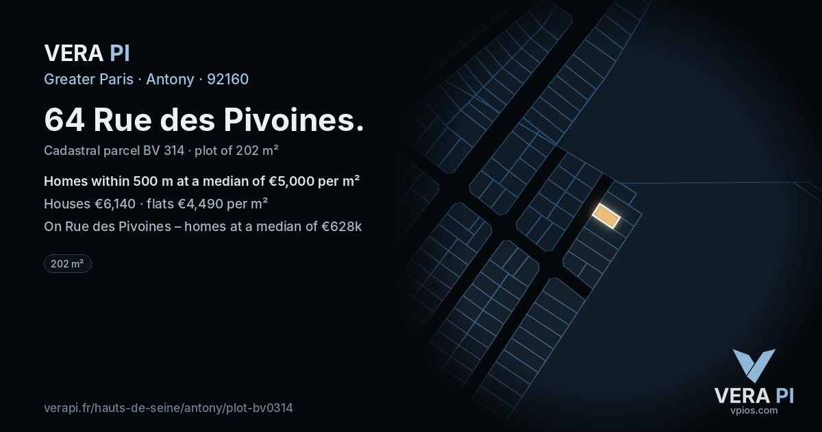 64 Rue des Pivoines, Antony at night – the plot lit, the parcels around coloured by the prices near them