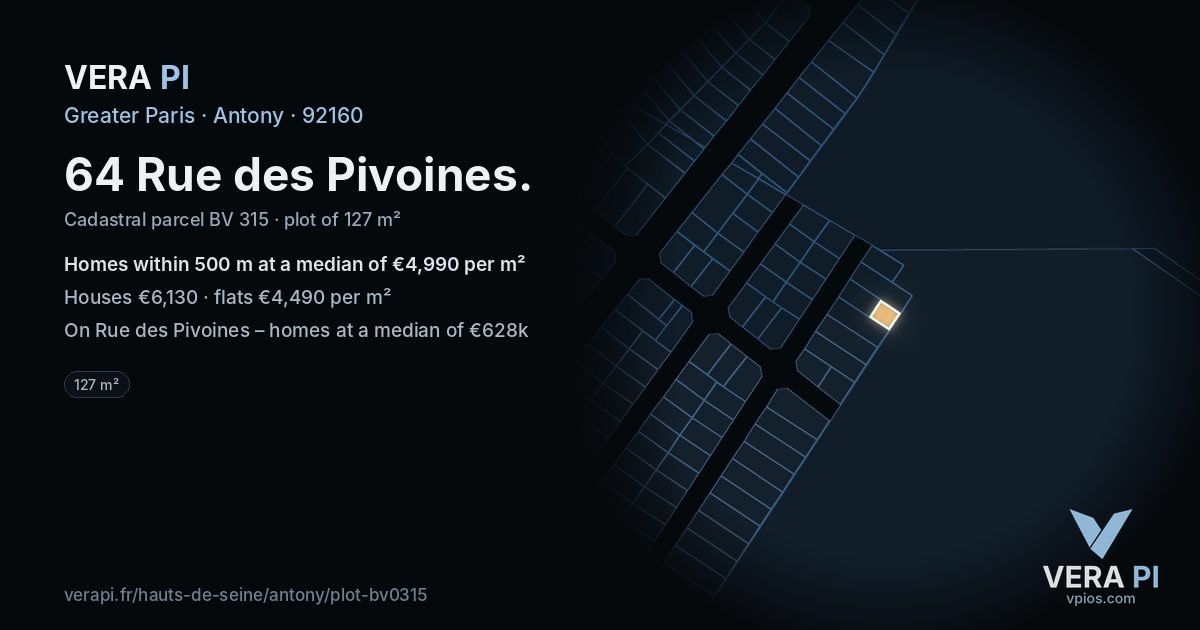 64 Rue des Pivoines, Antony at night – the plot lit, the parcels around coloured by the prices near them
