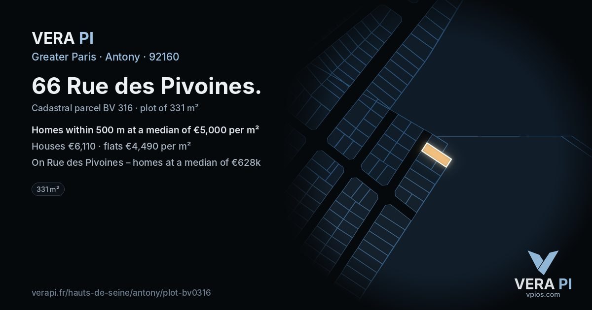 66 Rue des Pivoines, Antony at night – the plot lit, the parcels around coloured by the prices near them