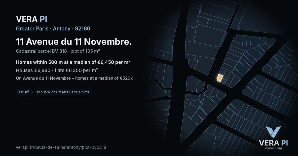 11 Avenue du 11 Novembre, Antony at night – the plot lit, the parcels around coloured by the prices near them