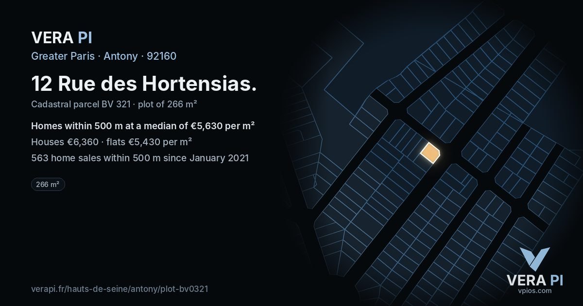 12 Rue des Hortensias, Antony at night – the plot lit, the parcels around coloured by the prices near them