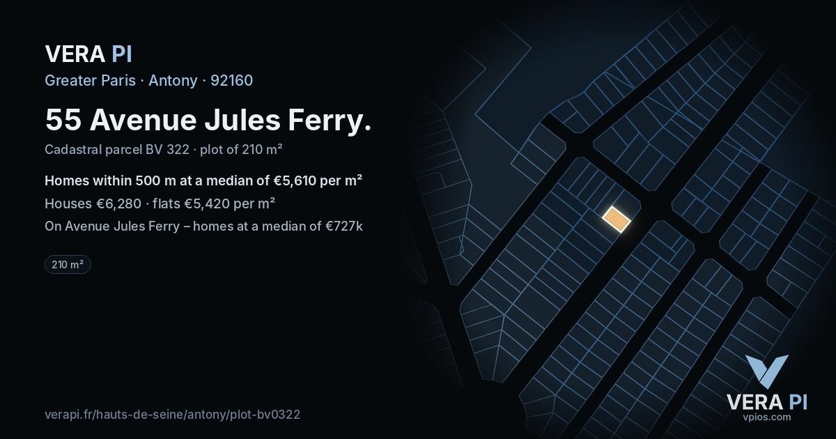 55 Avenue Jules Ferry, Antony at night – the plot lit, the parcels around coloured by the prices near them