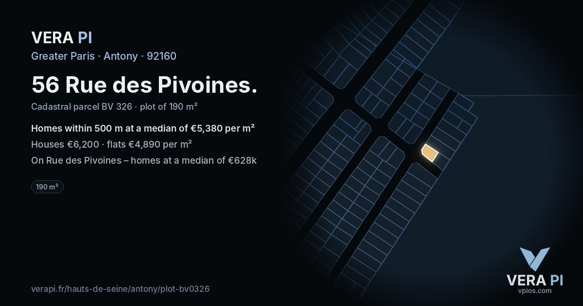 56 Rue des Pivoines, Antony at night – the plot lit, the parcels around coloured by the prices near them