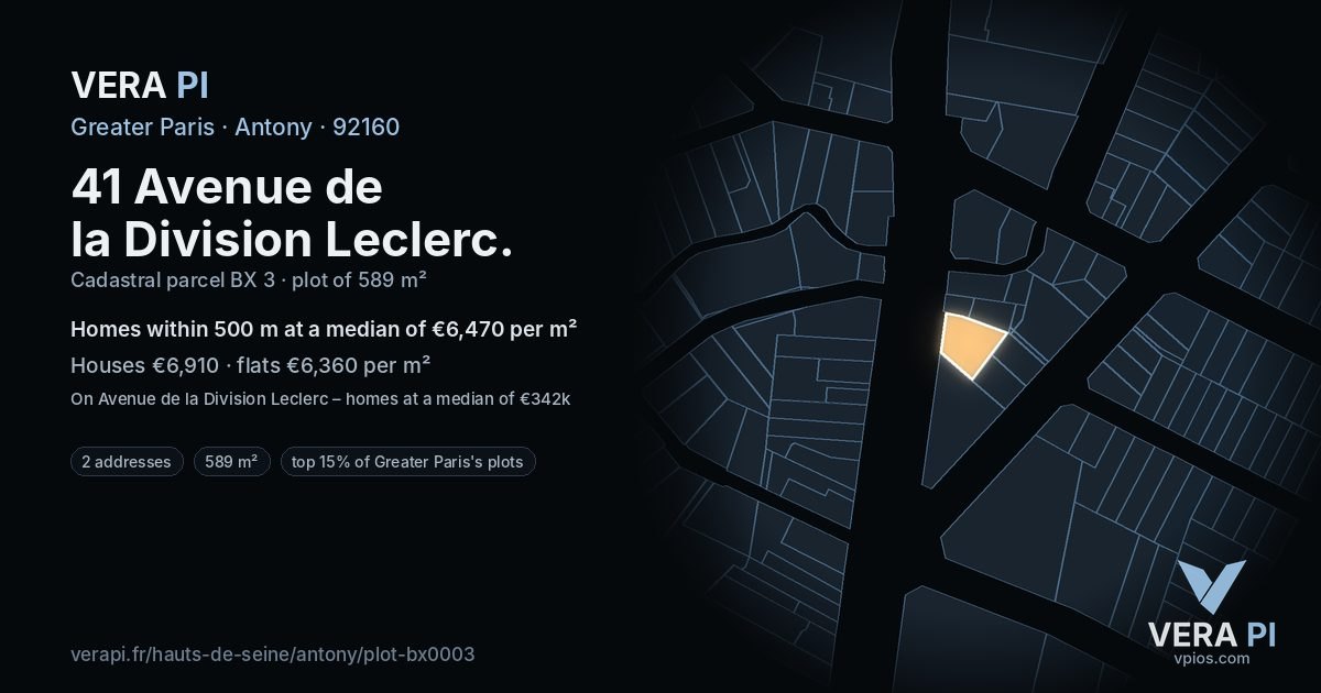 41 Avenue de la Division Leclerc, Antony at night – the plot lit, the parcels around coloured by the prices near them