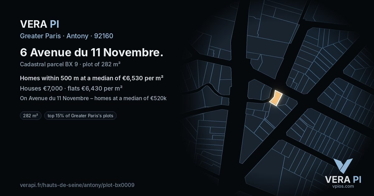 6 Avenue du 11 Novembre, Antony at night – the plot lit, the parcels around coloured by the prices near them