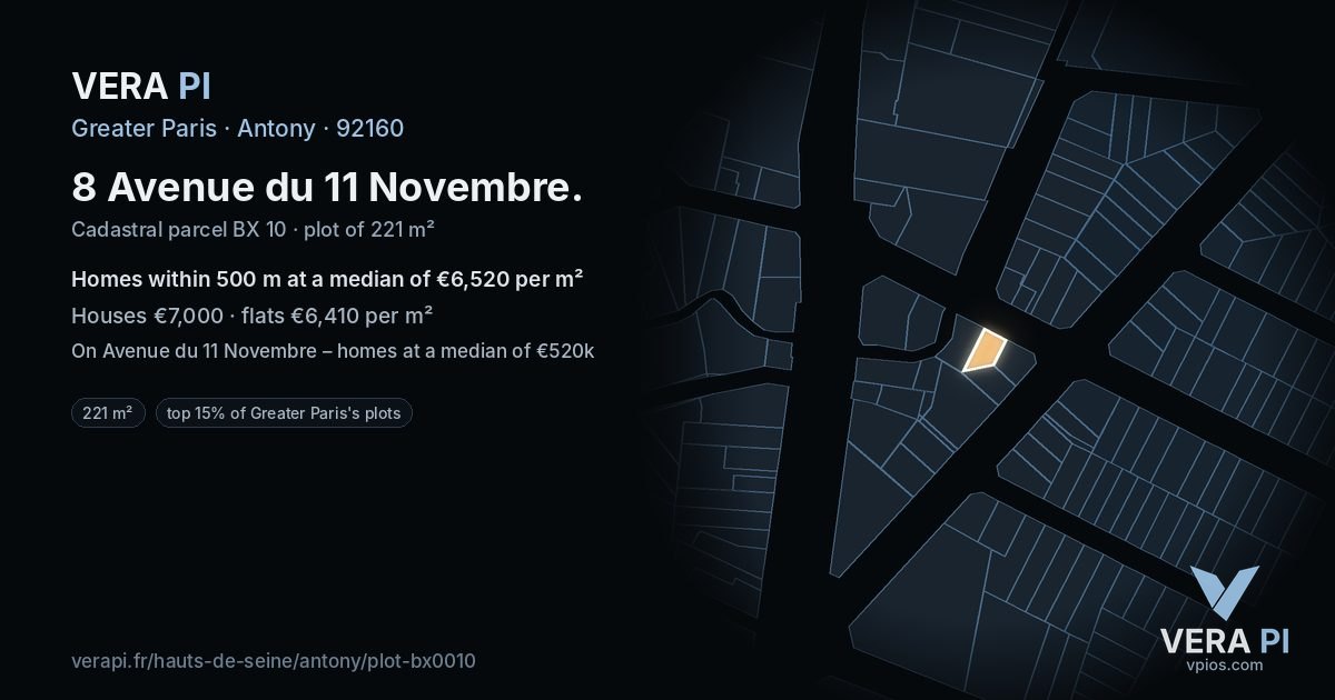 8 Avenue du 11 Novembre, Antony at night – the plot lit, the parcels around coloured by the prices near them