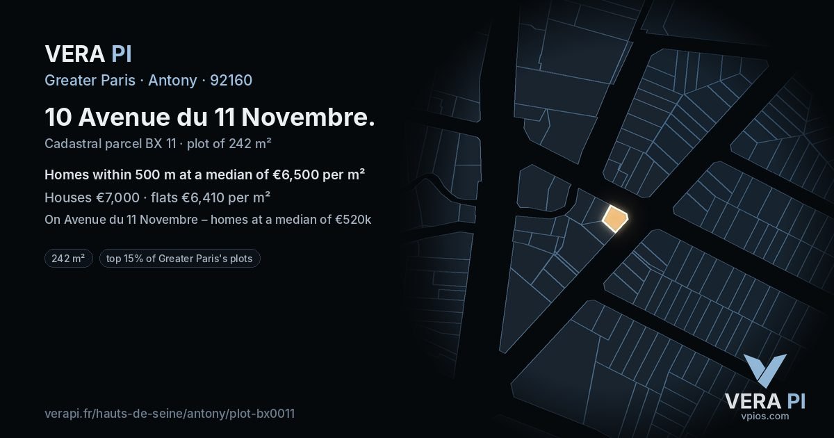 10 Avenue du 11 Novembre, Antony at night – the plot lit, the parcels around coloured by the prices near them