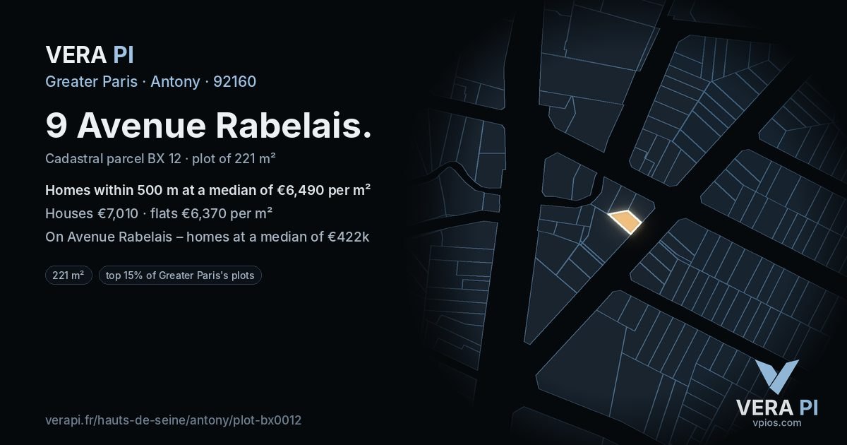 9 Avenue Rabelais, Antony at night – the plot lit, the parcels around coloured by the prices near them
