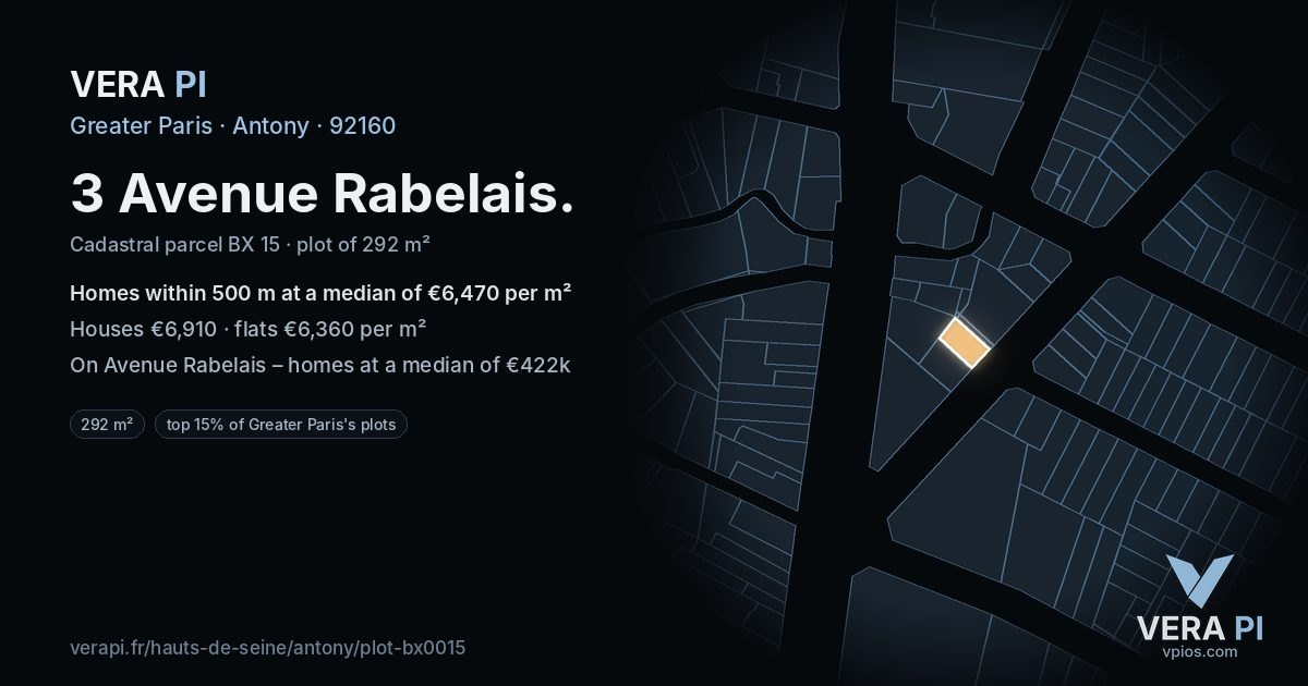 3 Avenue Rabelais, Antony at night – the plot lit, the parcels around coloured by the prices near them