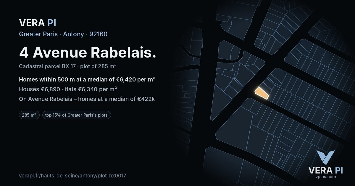 4 Avenue Rabelais, Antony at night – the plot lit, the parcels around coloured by the prices near them