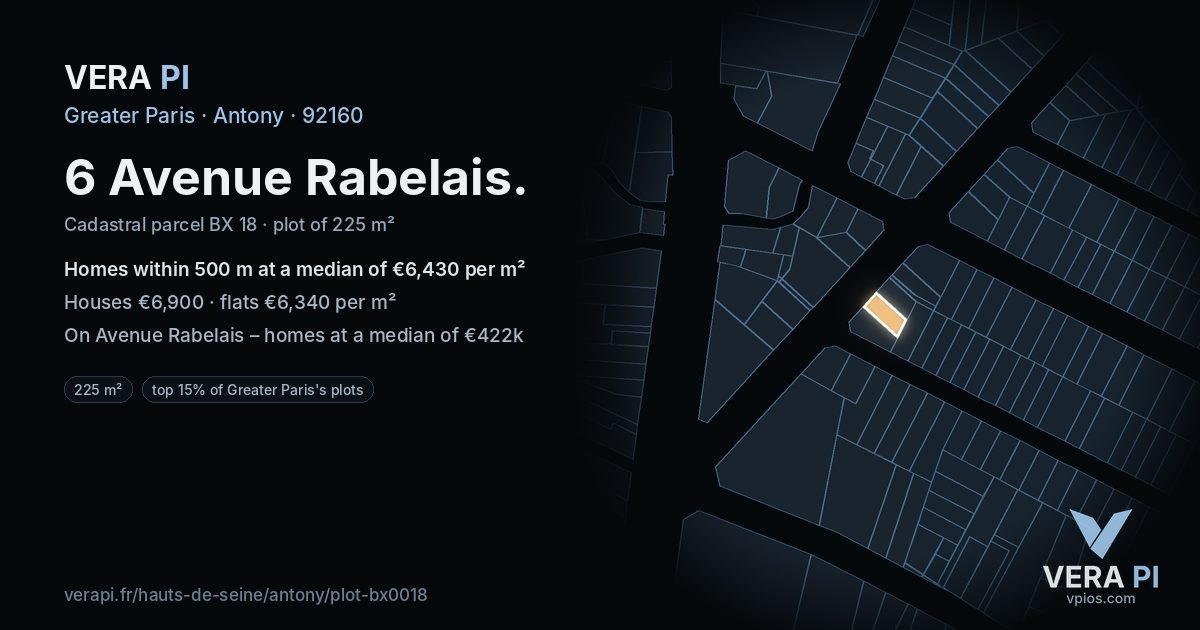 6 Avenue Rabelais, Antony at night – the plot lit, the parcels around coloured by the prices near them