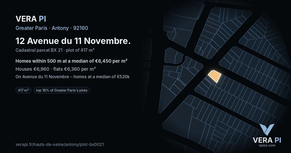 12 Avenue du 11 Novembre, Antony at night – the plot lit, the parcels around coloured by the prices near them