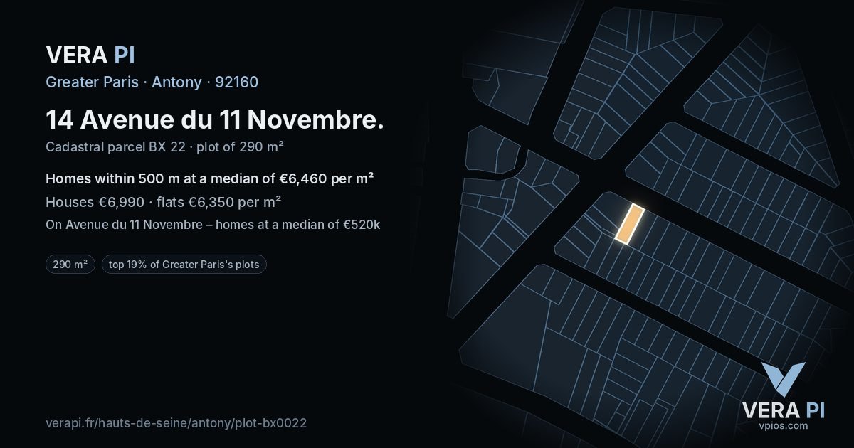 14 Avenue du 11 Novembre, Antony at night – the plot lit, the parcels around coloured by the prices near them