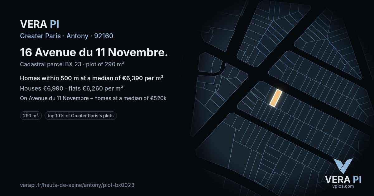 16 Avenue du 11 Novembre, Antony at night – the plot lit, the parcels around coloured by the prices near them