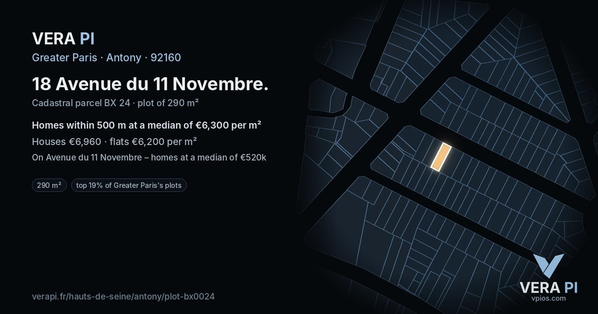 18 Avenue du 11 Novembre, Antony at night – the plot lit, the parcels around coloured by the prices near them