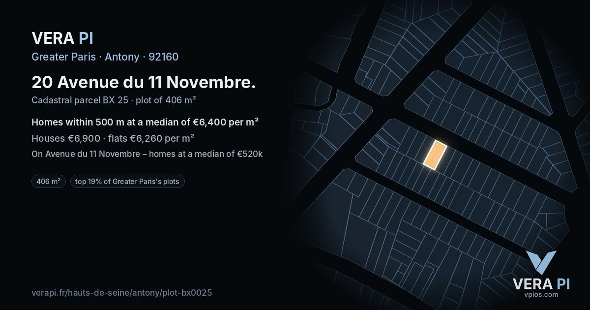 20 Avenue du 11 Novembre, Antony at night – the plot lit, the parcels around coloured by the prices near them