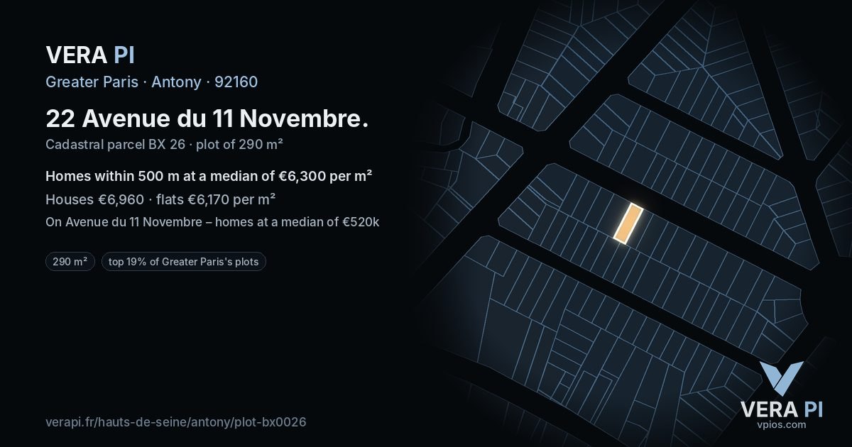 22 Avenue du 11 Novembre, Antony at night – the plot lit, the parcels around coloured by the prices near them