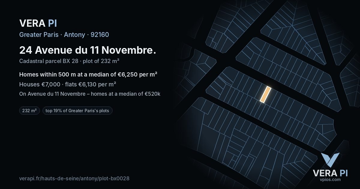 24 Avenue du 11 Novembre, Antony at night – the plot lit, the parcels around coloured by the prices near them