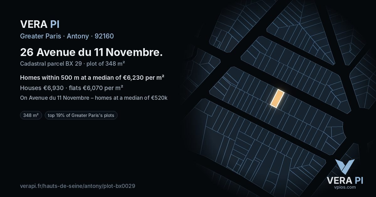 26 Avenue du 11 Novembre, Antony at night – the plot lit, the parcels around coloured by the prices near them