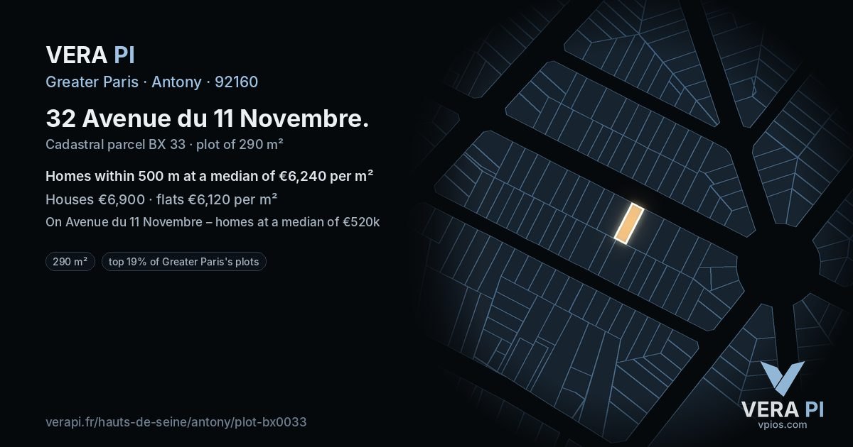 32 Avenue du 11 Novembre, Antony at night – the plot lit, the parcels around coloured by the prices near them