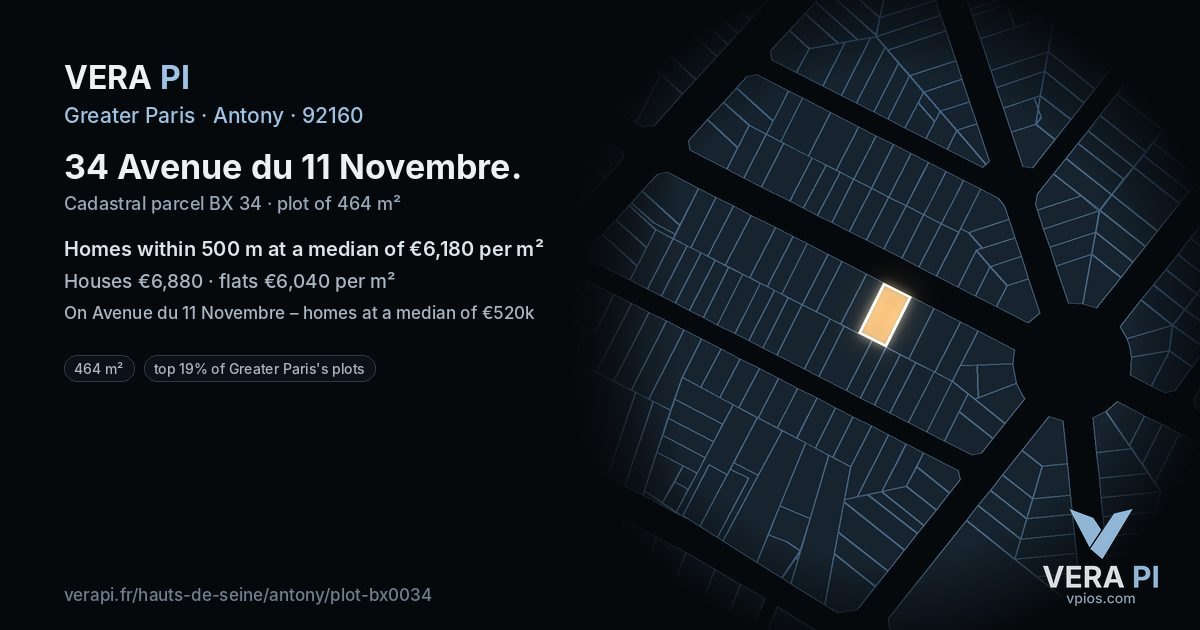 34 Avenue du 11 Novembre, Antony at night – the plot lit, the parcels around coloured by the prices near them