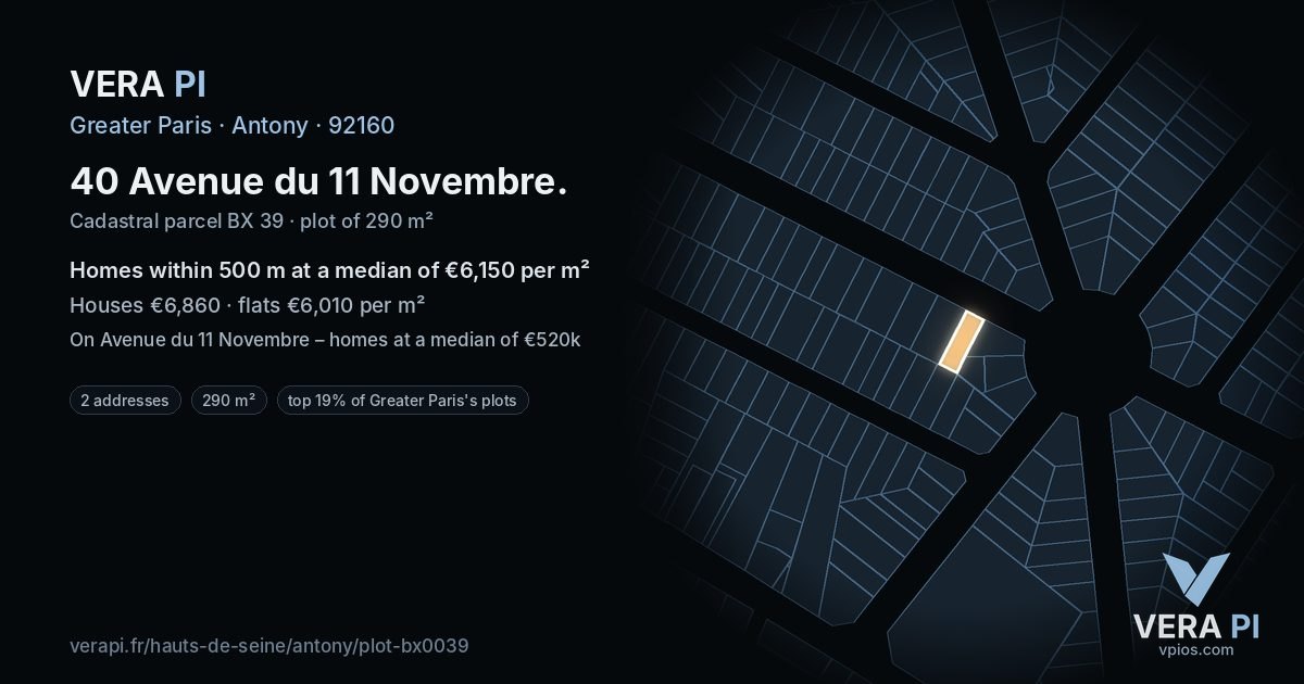40 Avenue du 11 Novembre, Antony at night – the plot lit, the parcels around coloured by the prices near them