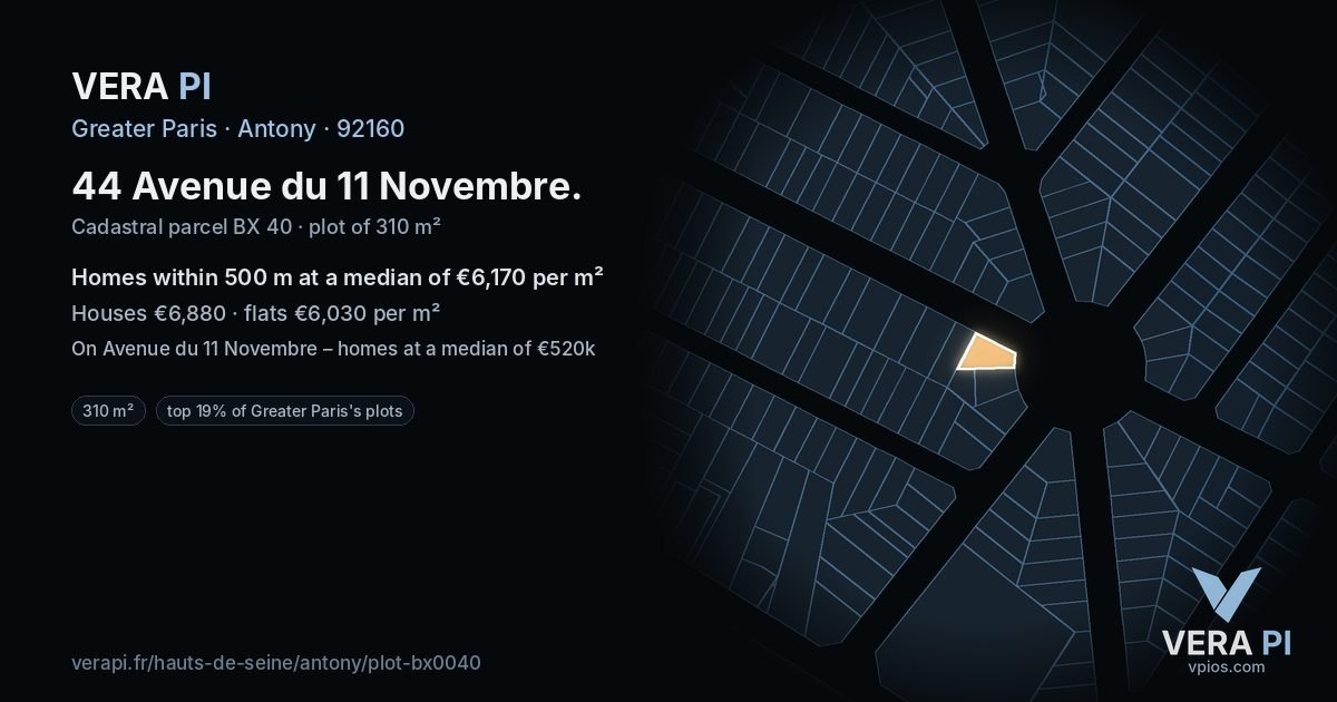 44 Avenue du 11 Novembre, Antony at night – the plot lit, the parcels around coloured by the prices near them