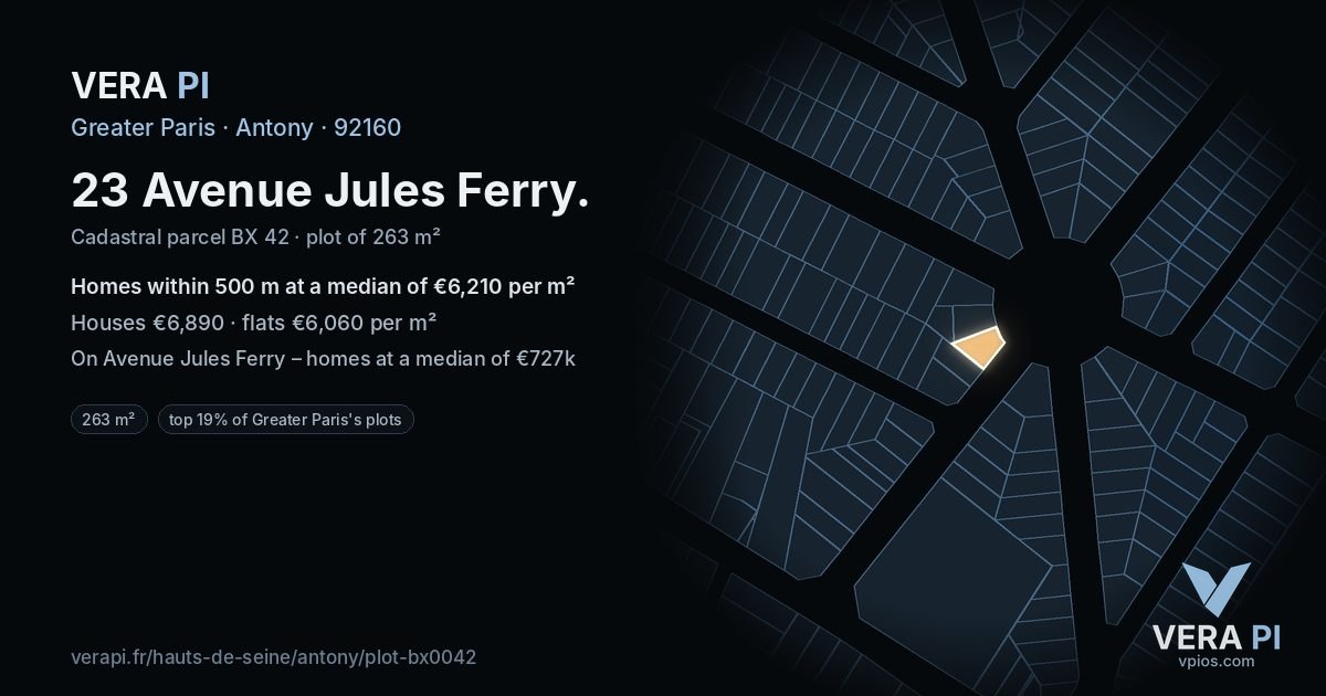 23 Avenue Jules Ferry, Antony at night – the plot lit, the parcels around coloured by the prices near them