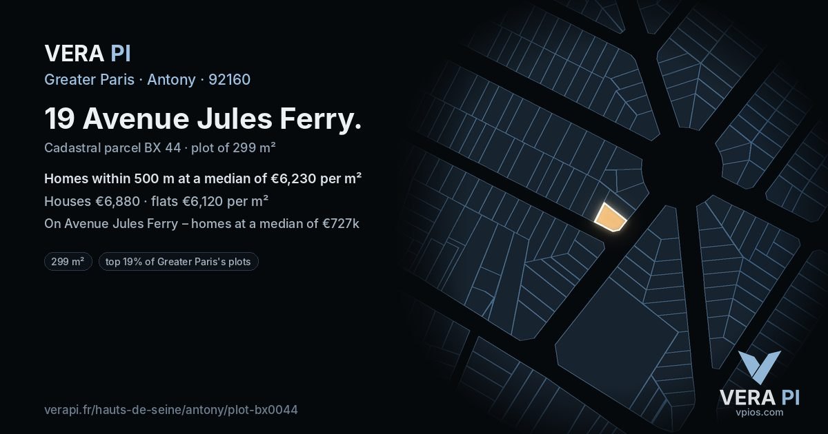 19 Avenue Jules Ferry, Antony at night – the plot lit, the parcels around coloured by the prices near them