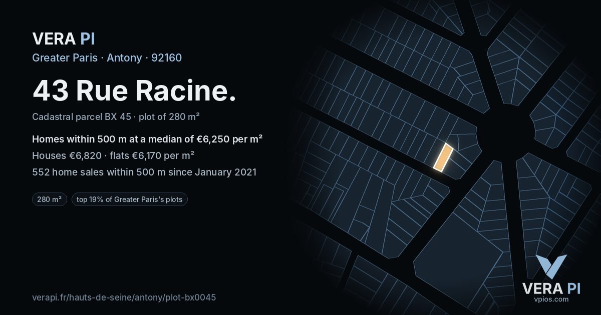 43 Rue Racine, Antony at night – the plot lit, the parcels around coloured by the prices near them