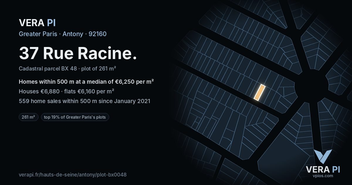 37 Rue Racine, Antony at night – the plot lit, the parcels around coloured by the prices near them