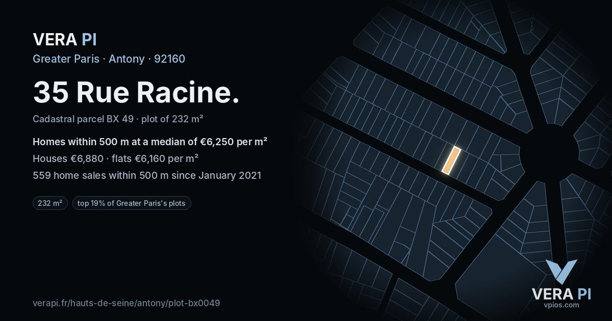 35 Rue Racine, Antony at night – the plot lit, the parcels around coloured by the prices near them