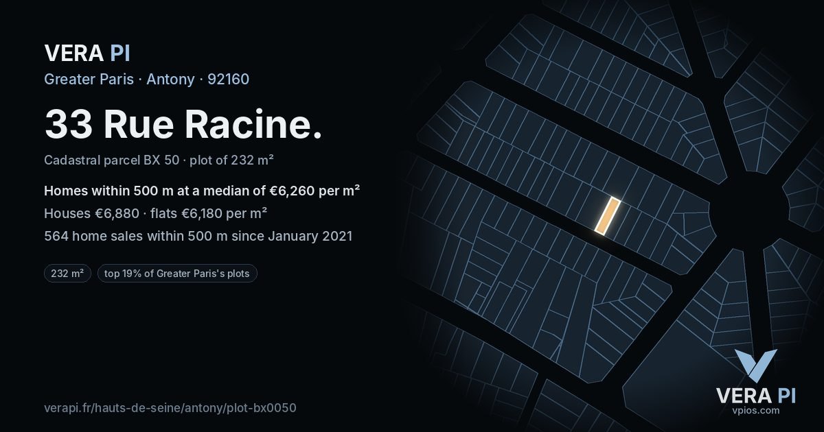 33 Rue Racine, Antony at night – the plot lit, the parcels around coloured by the prices near them