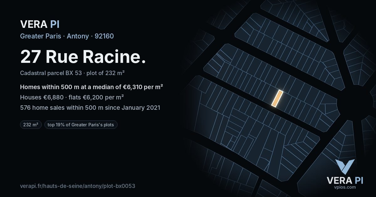 27 Rue Racine, Antony at night – the plot lit, the parcels around coloured by the prices near them