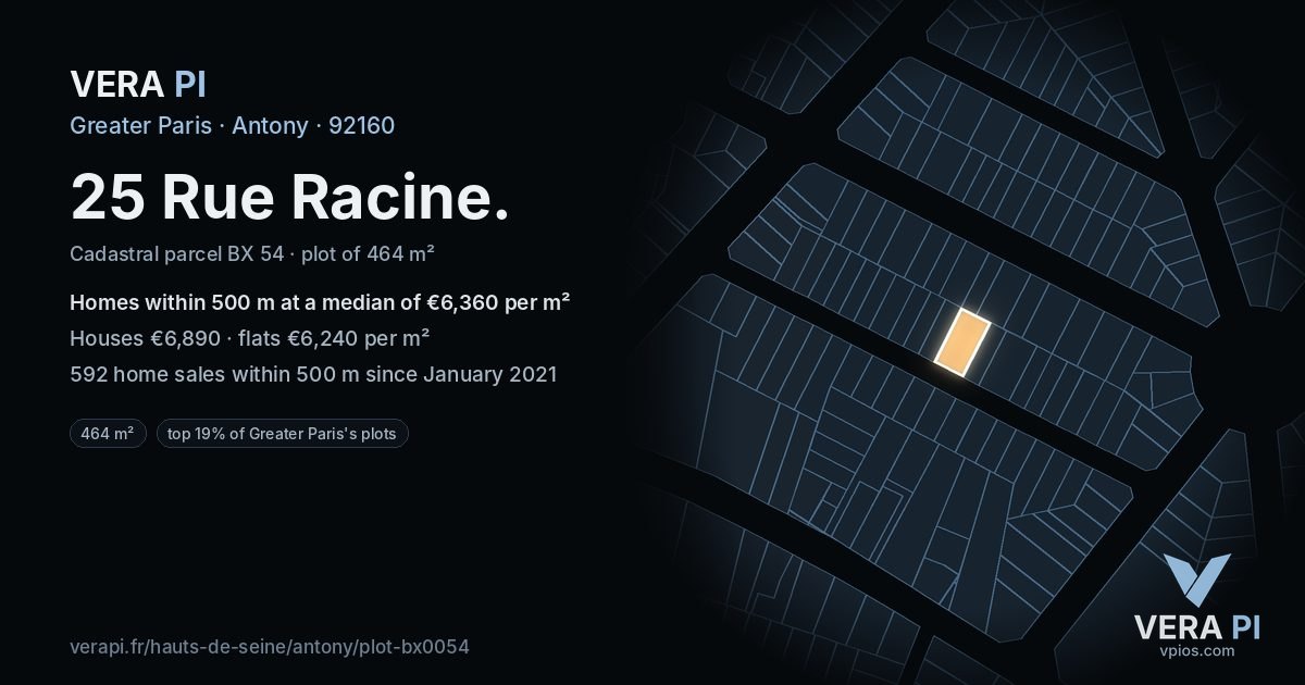 25 Rue Racine, Antony at night – the plot lit, the parcels around coloured by the prices near them